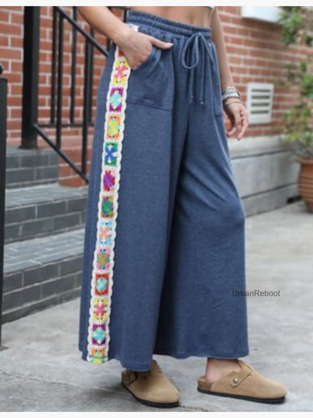 Wide Leg Stretch Sweatpants Crochet Panel Pocket Lounge Pants - Picture 6 of 7